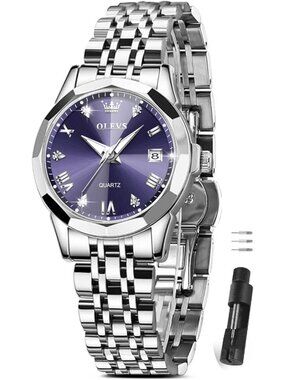 Women's Purple Diamond Silver Stainless Steel Waterproof Elegant Luxury Watch